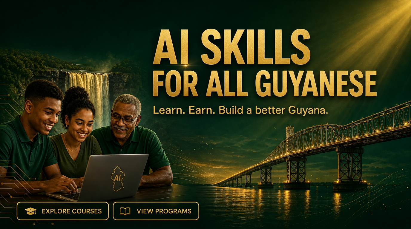 AI Skills For All Guyanese — three Guyanese learners with laptop, Kaieteur Falls and Demerara bridge